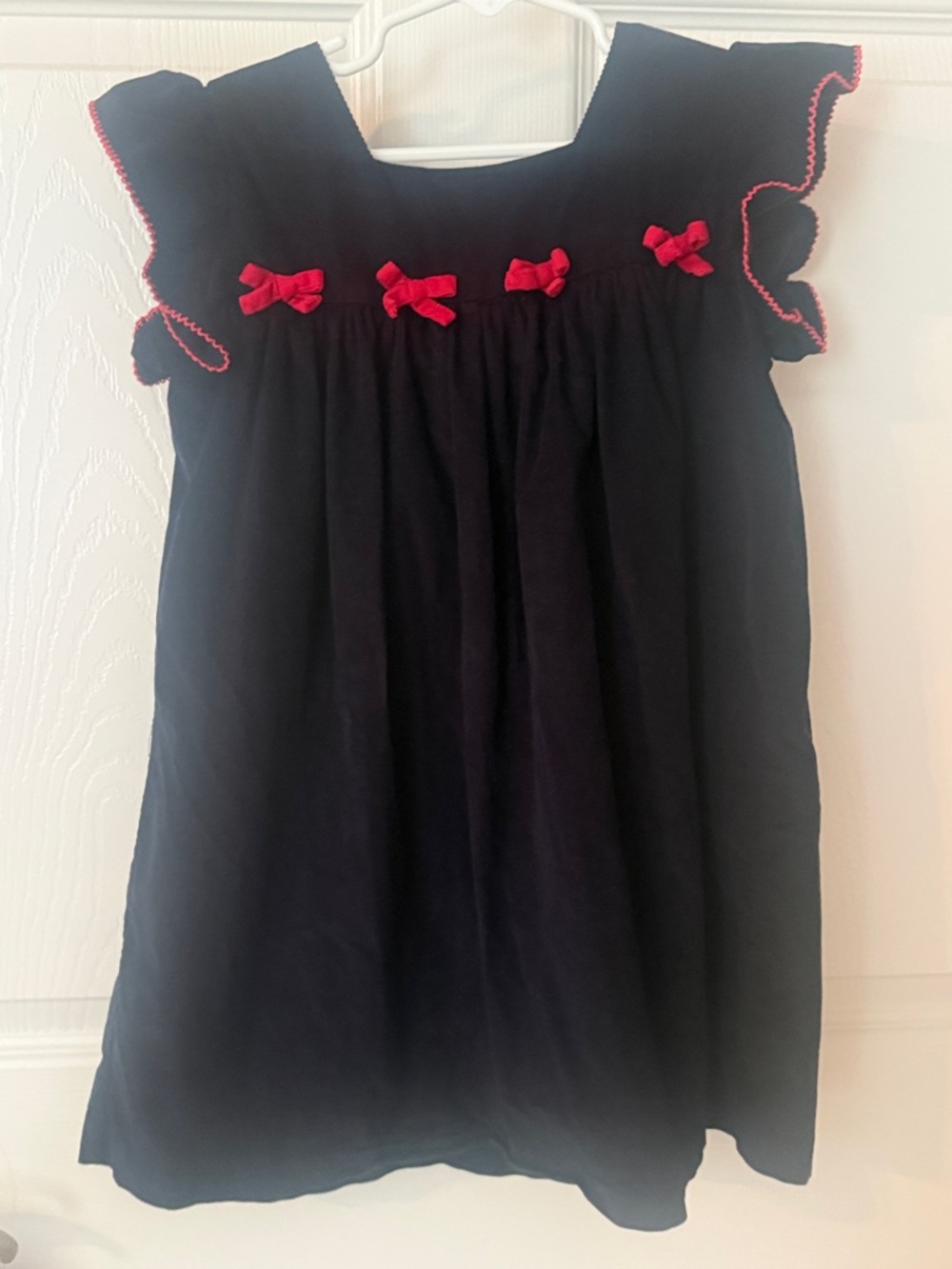 Bella Bliss Girls Navy Corduroy Dress with Red Bow Accents - size 6